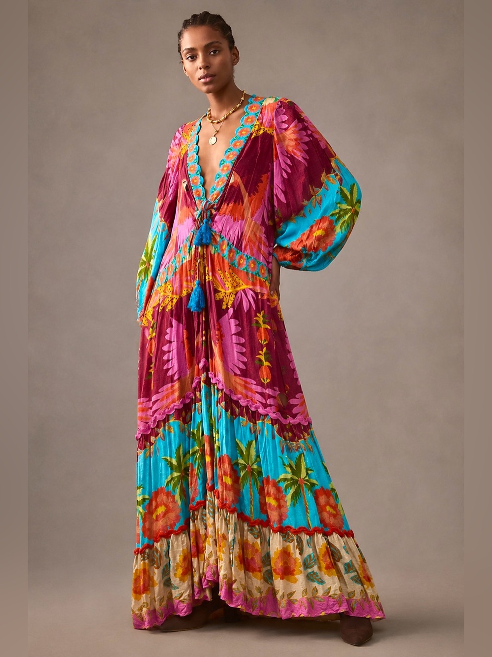 FARM RIO Anthropologie Colorful Tropical Long Sleeve Maxi Dress - Picture 2 of 7